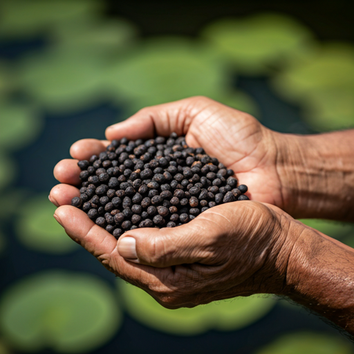 Hands holding freshly harvested black fox nut seeds.
